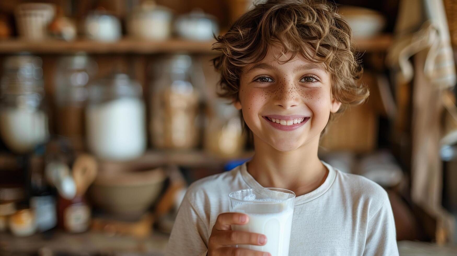 ai gegenereerd jong jongen Holding glas van melk foto