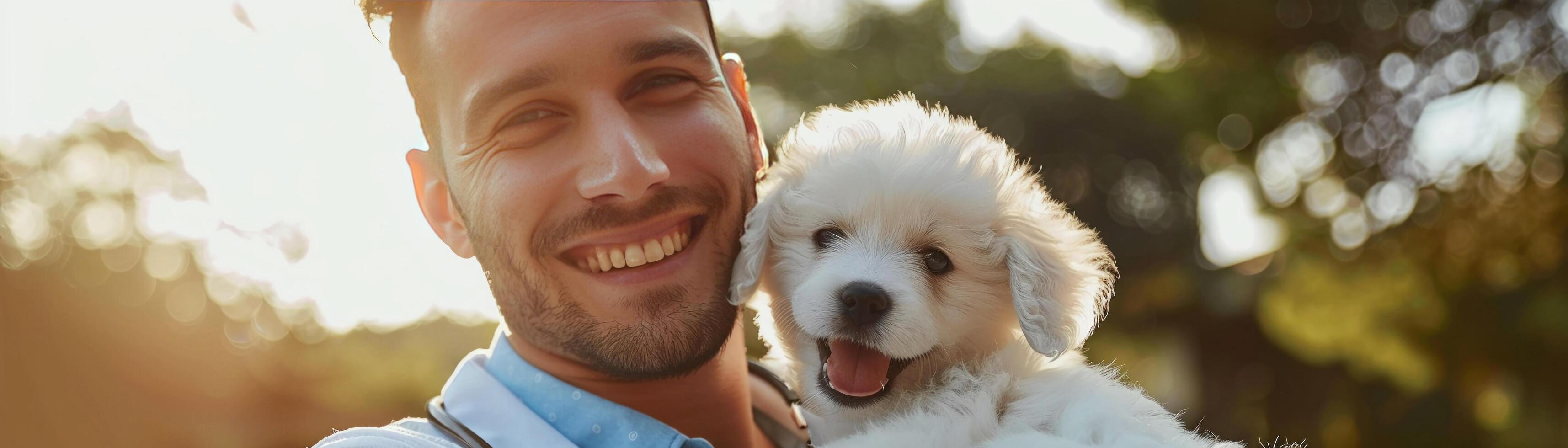 ai gegenereerd een vriendelijk dierenarts glimlachen hartelijk terwijl Holding een schattig en pluizig wit puppy foto