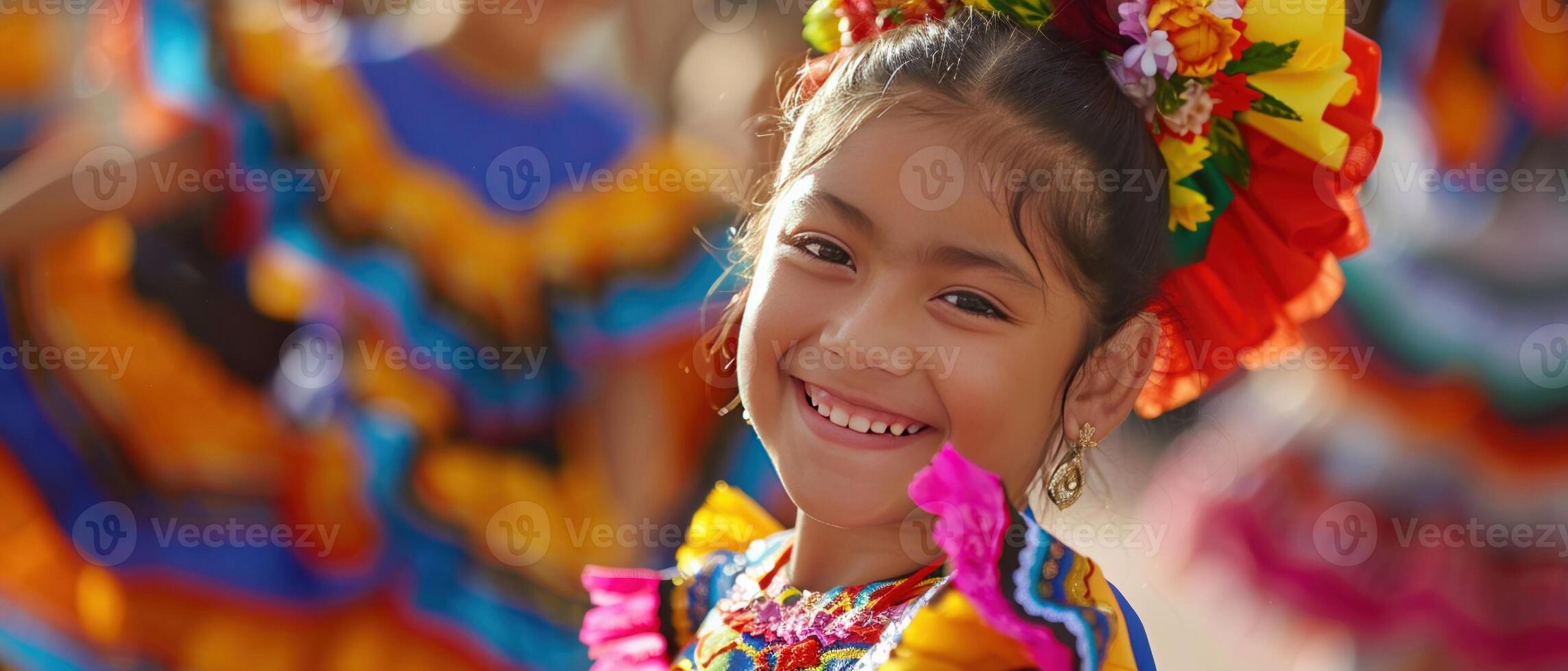 ai gegenereerd een jong meisje glimlacht net zo ze presteert in een kleurrijk traditioneel Mexicaans dans kostuum met anderen in beweging in de omgeving van haar. foto