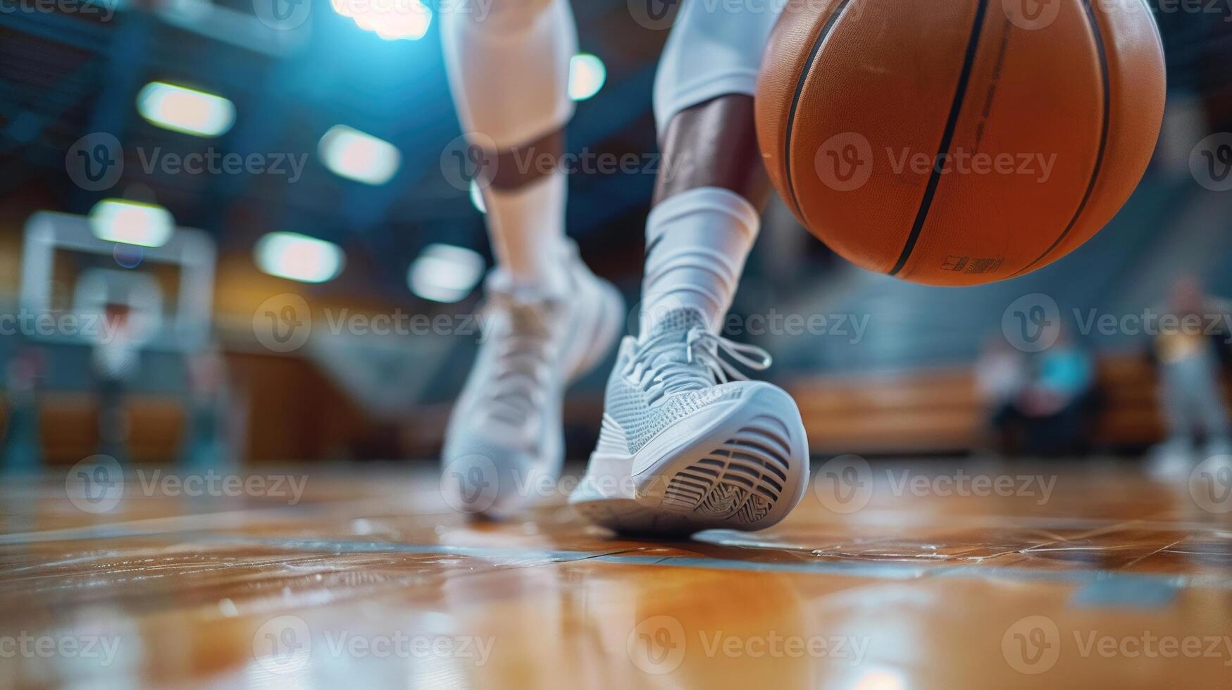 ai gegenereerd een detailopname van een basketbal spelers voeten in beweging Aan de rechtbank foto