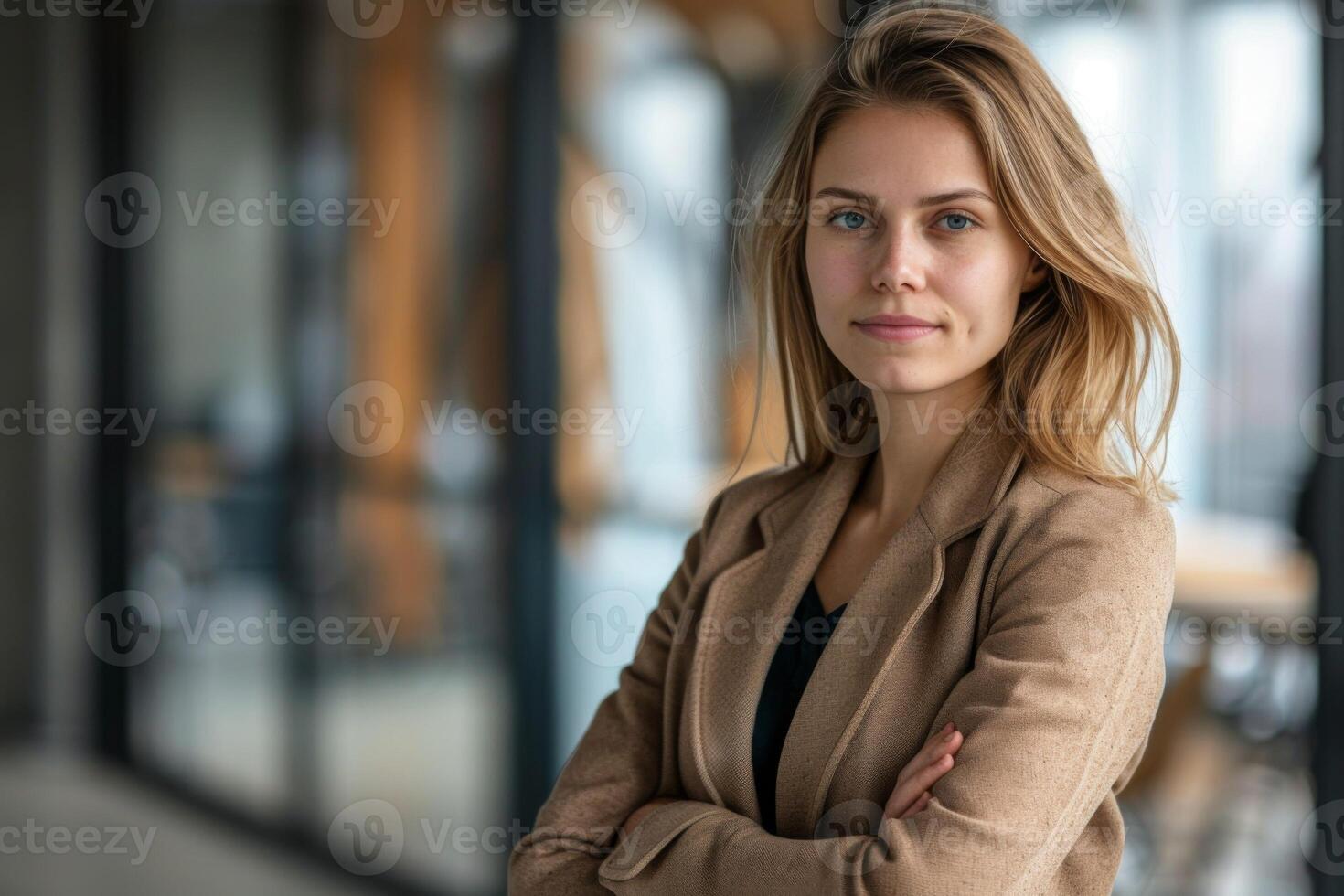 ai gegenereerd zelfverzekerd zakenvrouw in professioneel kleding presentatie van leiderschap en zakelijke aanwezigheid in kantoor instelling foto