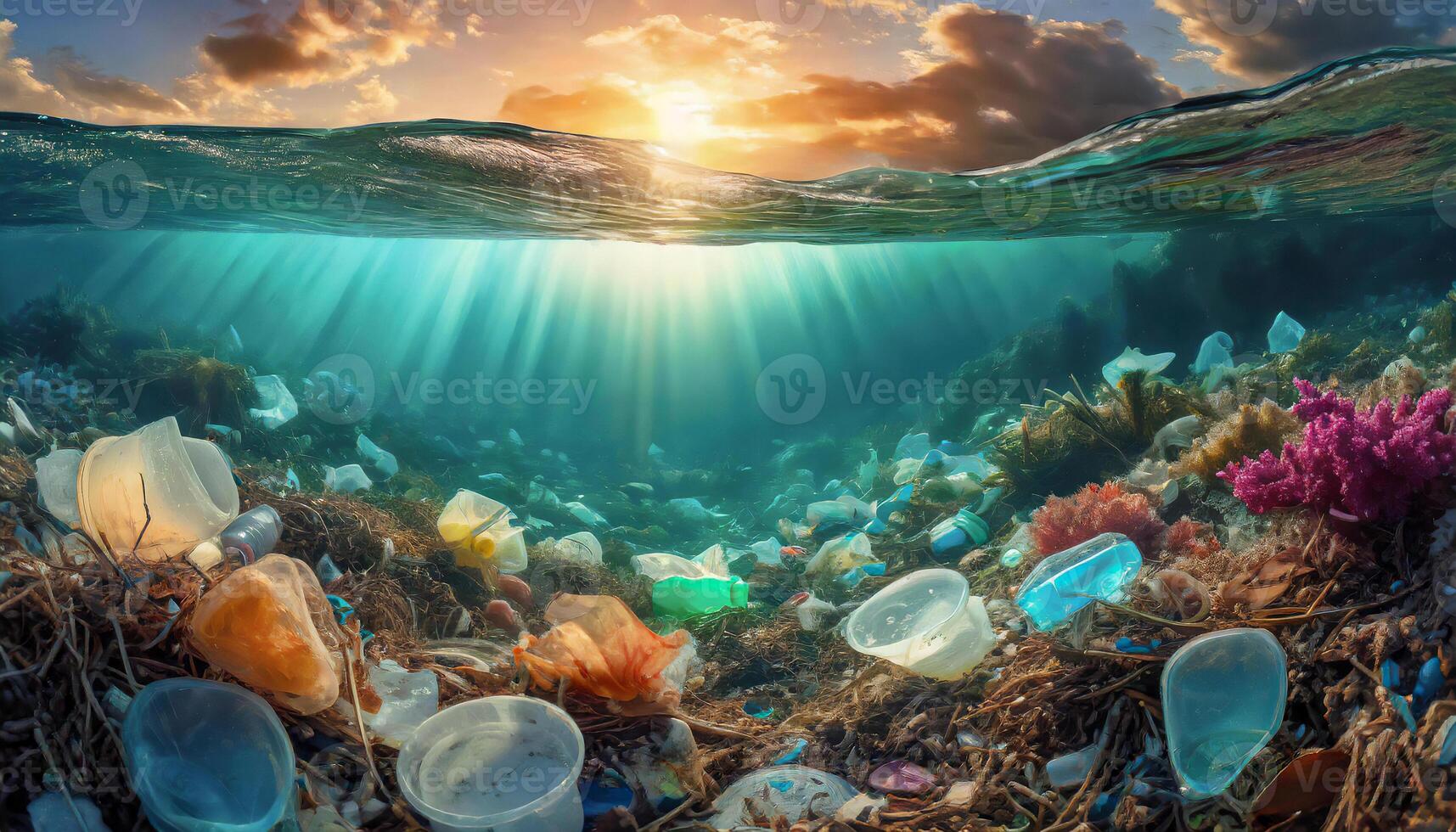 ai gegenereerd zonovergoten plastic verspilling temidden van zeewier in oceaan, illustreren milieu crisis. foto