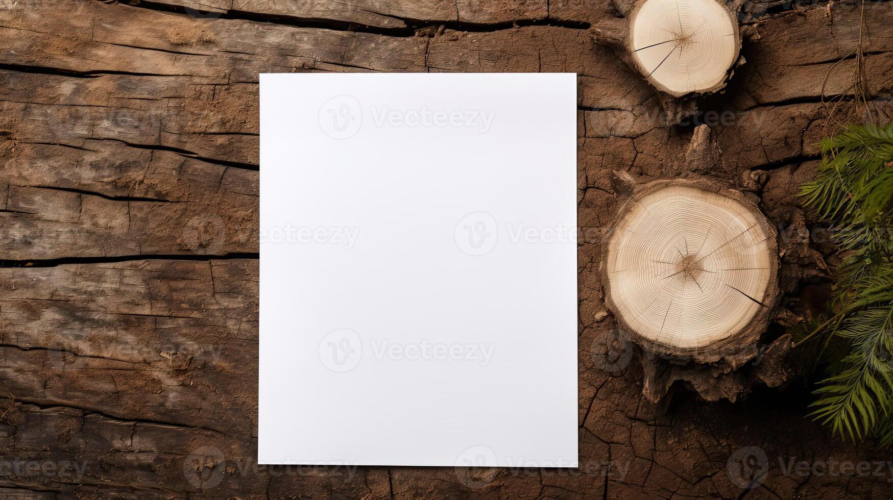 ai gegenereerd blanco mockup Aan hout achtergrond, leeg papier lijst mockup in rustiek stijl. ai gegenereerd. kopiëren ruimte voor tekst of Opmerking, wijnoogst natuurlijk oud ontwerp, verticaal wit lijst voor bericht foto