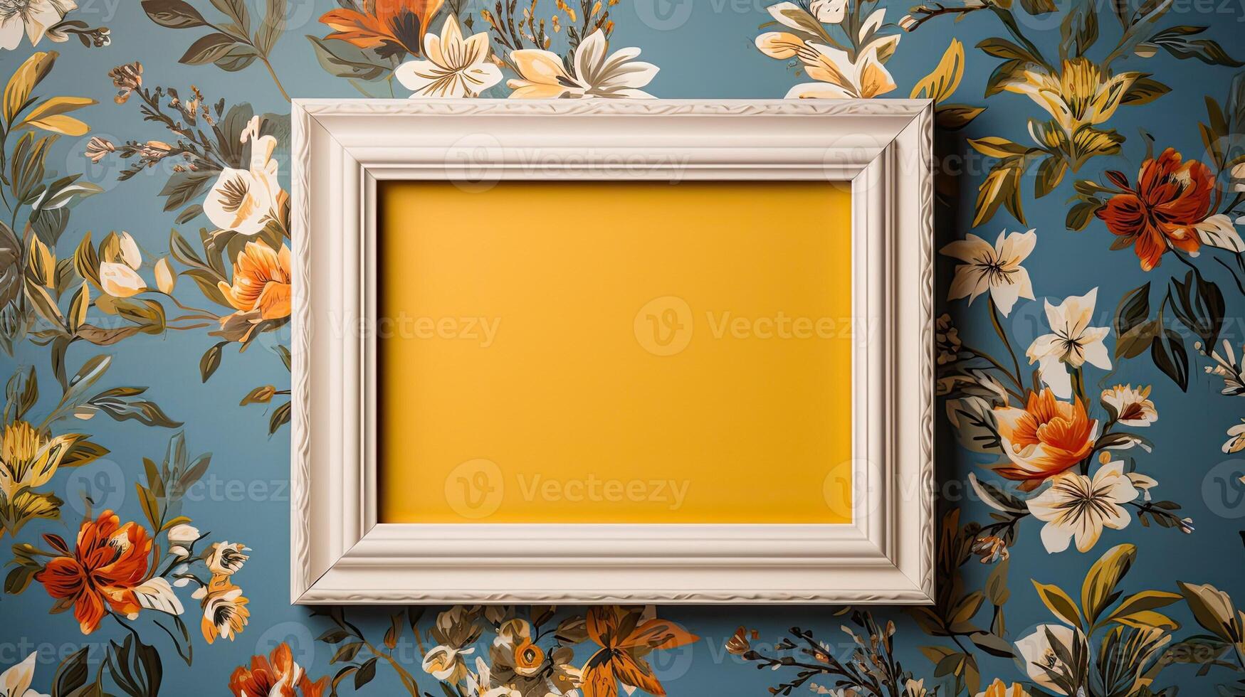 ai gegenereerd leeg foto kader Aan mooi achtergrond met bloemen. een mockup in een helder wijnoogst stijl met voorjaar grens. natuurlijk bedrijf sjabloon. ai gegenereerd