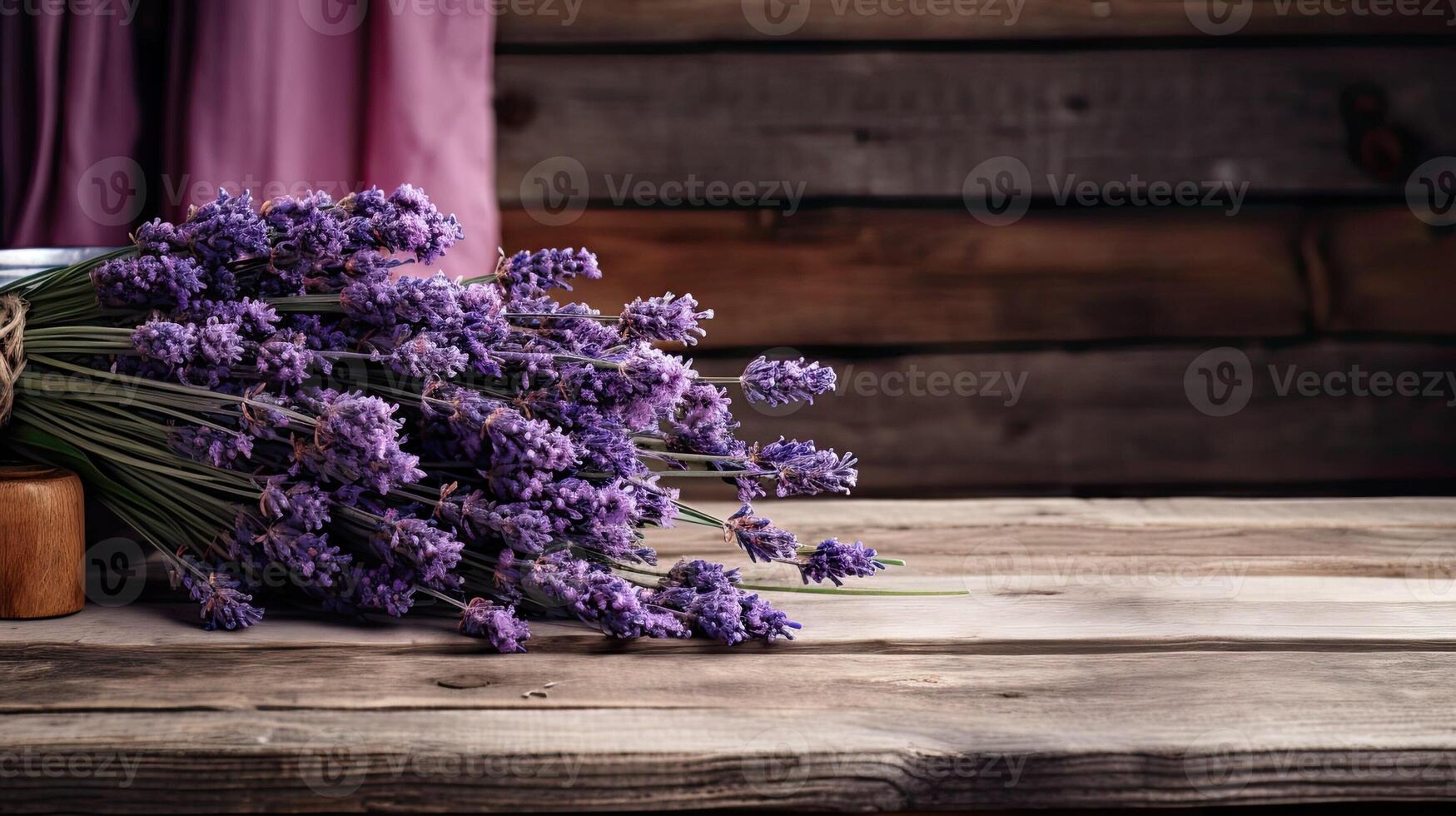 ai gegenereerd tafel met lavendel. bundel van Purper bloemen Aan rustiek achtergrond met kopiëren ruimte voor bedrijf Product presentatie en sjabloon. natuurlijk houten borden ai gegenereerd foto