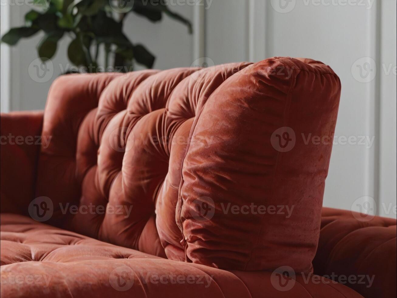 ai gegenereerd dichtbij omhoog beeld van rood sofa in voorkant van wit muur foto
