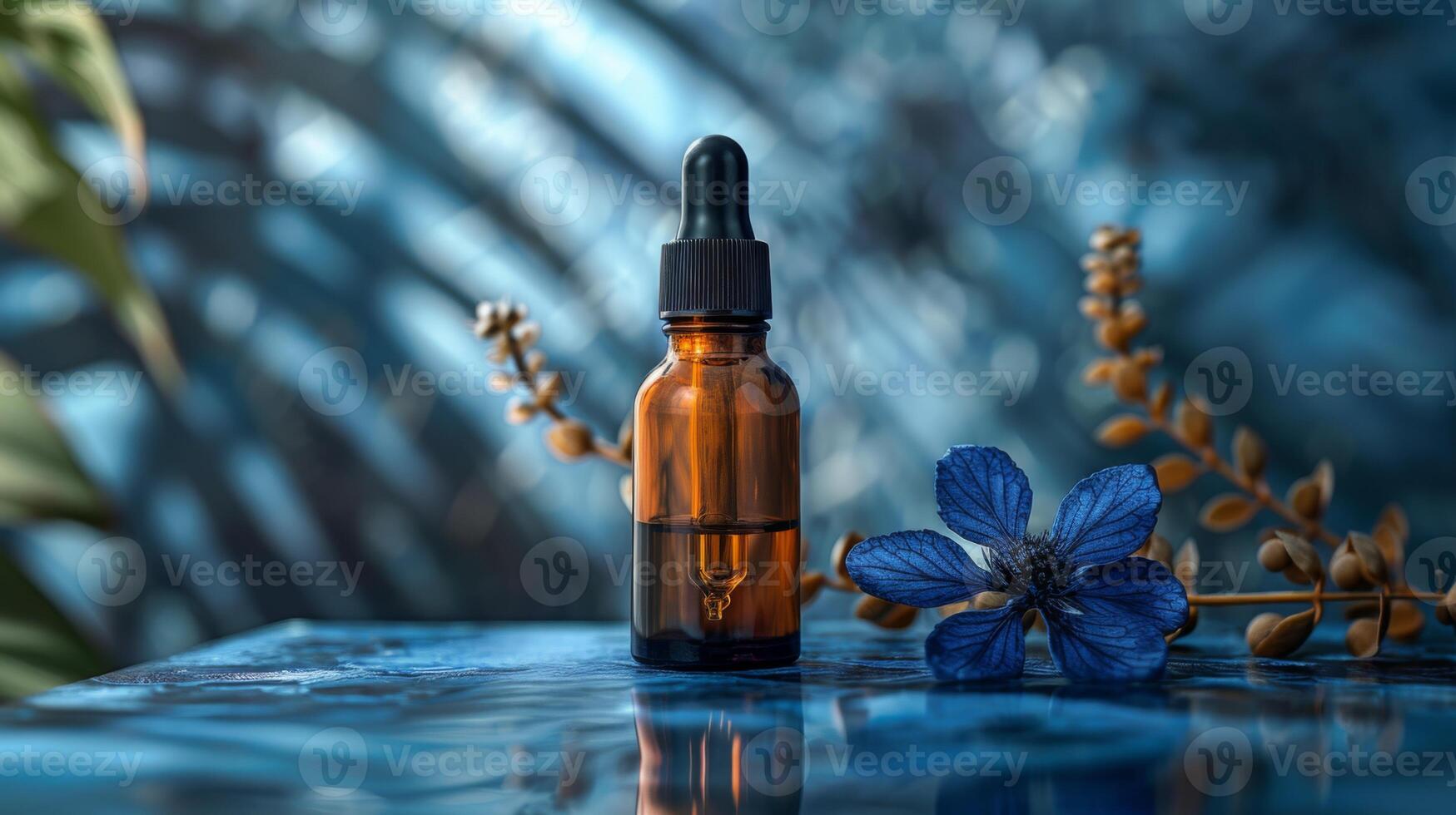 ai gegenereerd amber serum fles met druppelaar Aan een reflecterende oppervlak, vergezeld door een opvallend blauw bloem en botanische producten, reeks tegen een koel blauw achtergrond. foto