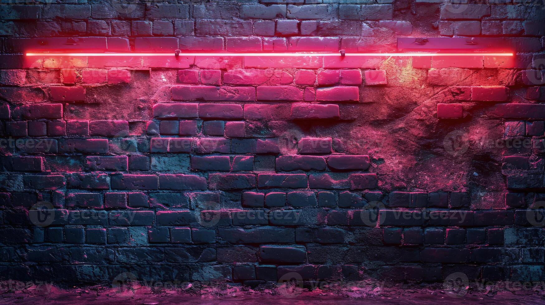 ai gegenereerd een getextureerde steen muur badend in dramatisch neon lichten, creëren een opvallend stedelijk backdrop met een levendig rood en blauw kleur verloop. foto