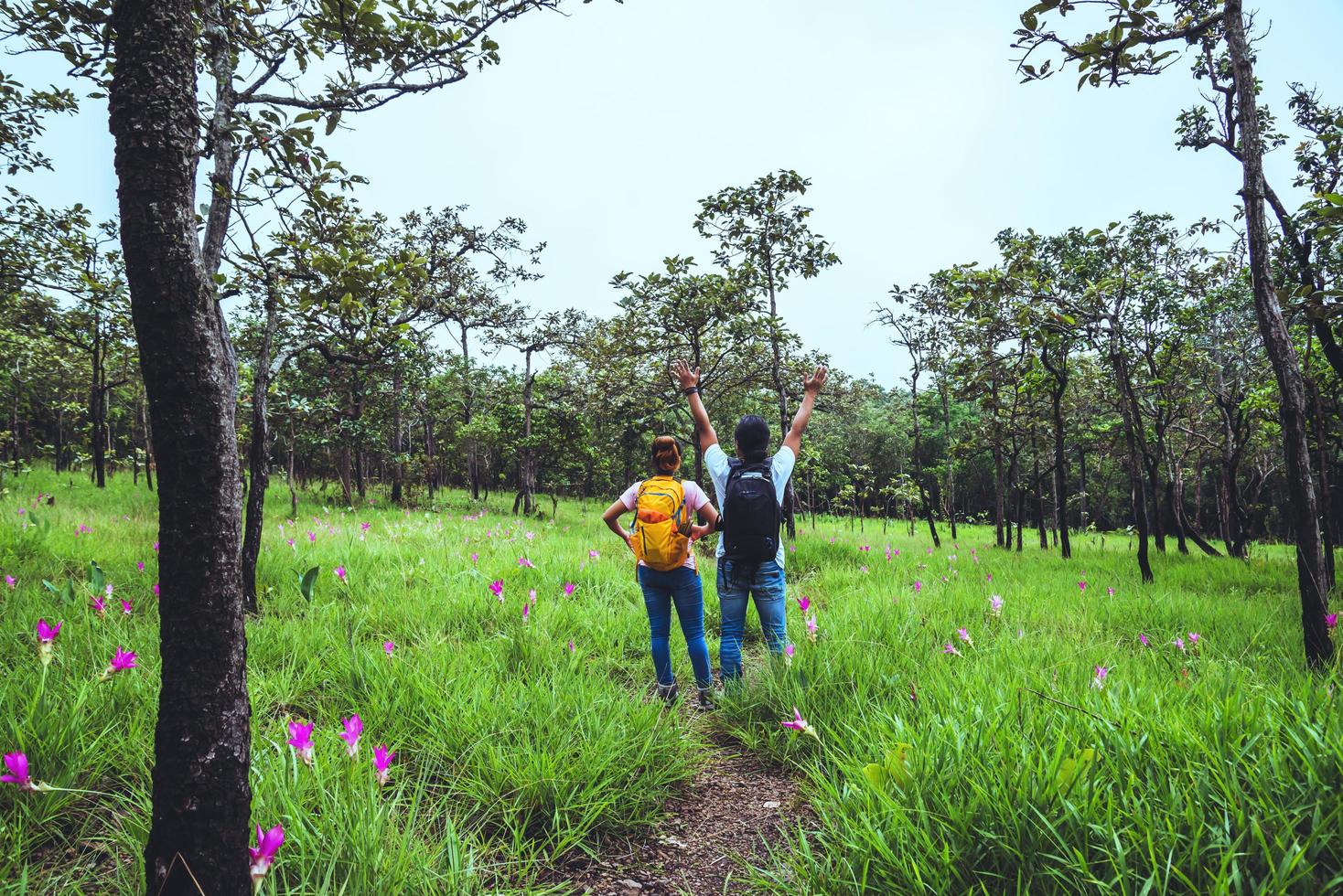 minnaar vrouw en mannen aziatische reizen natuur. reizen ontspannen. fotografie komkommer sessilis bloem veld. foto