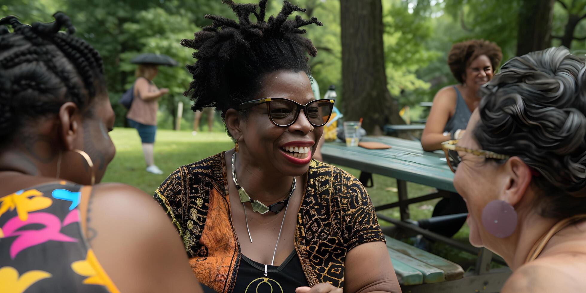 ai gegenereerd gelukkig bijeenkomst Bij de park picknick tafel foto