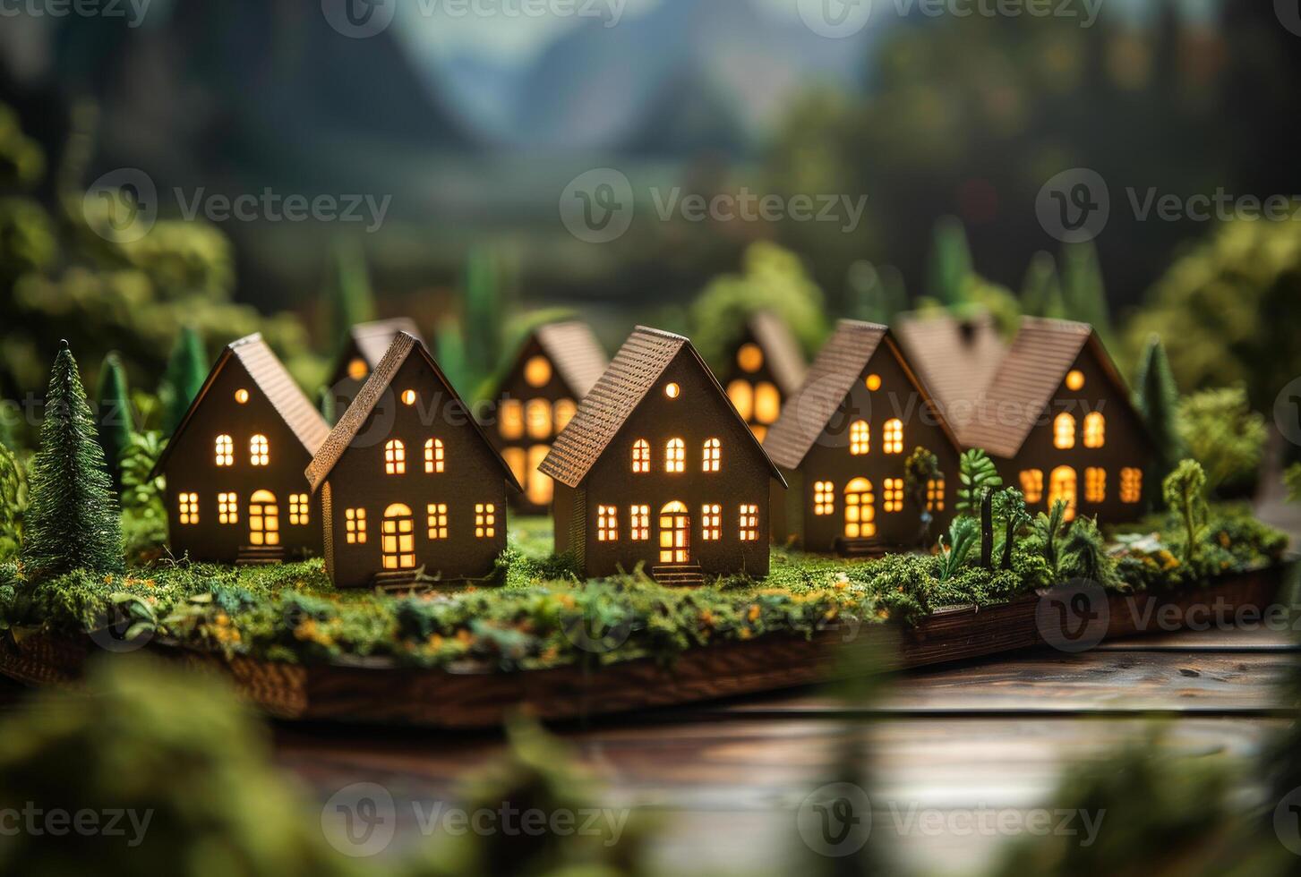 ai gegenereerd miniatuur huizen Aan de houten tafel foto