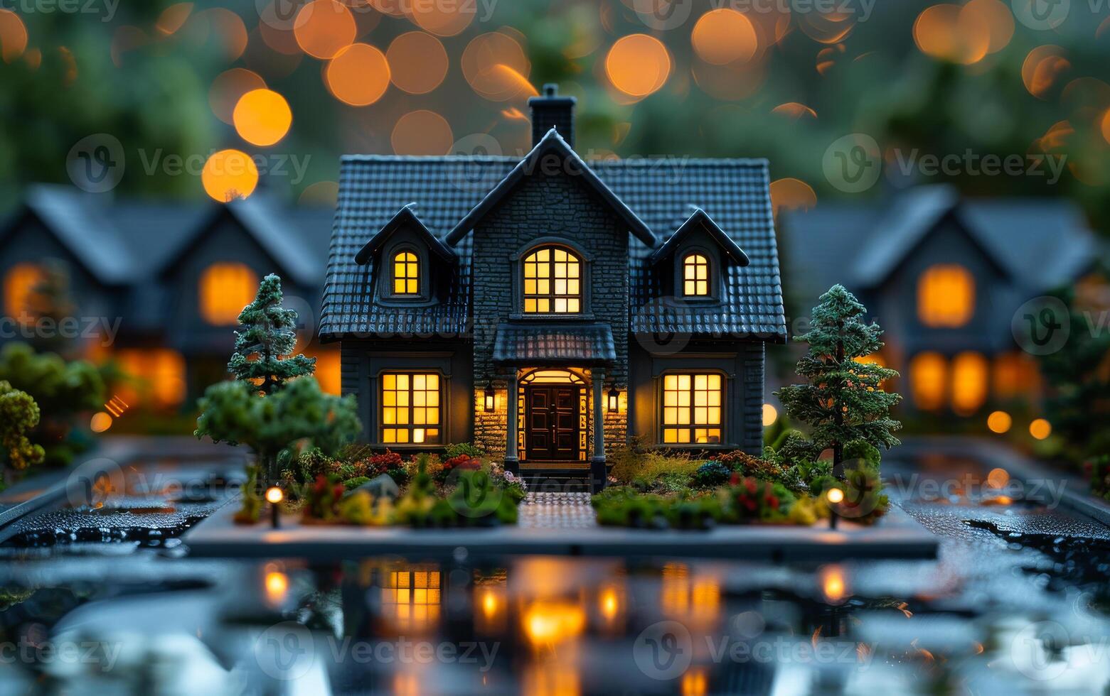 ai gegenereerd miniatuur huis met Kerstmis lichten reflecterend in zwembad van water foto