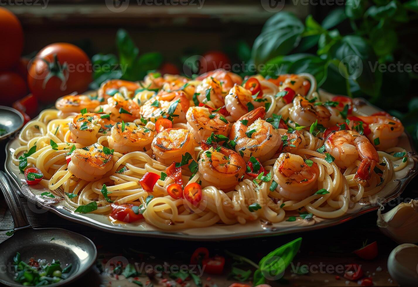 ai gegenereerd heerlijk heet Italiaans pasta met garnalen en vers kruiden Aan bord foto