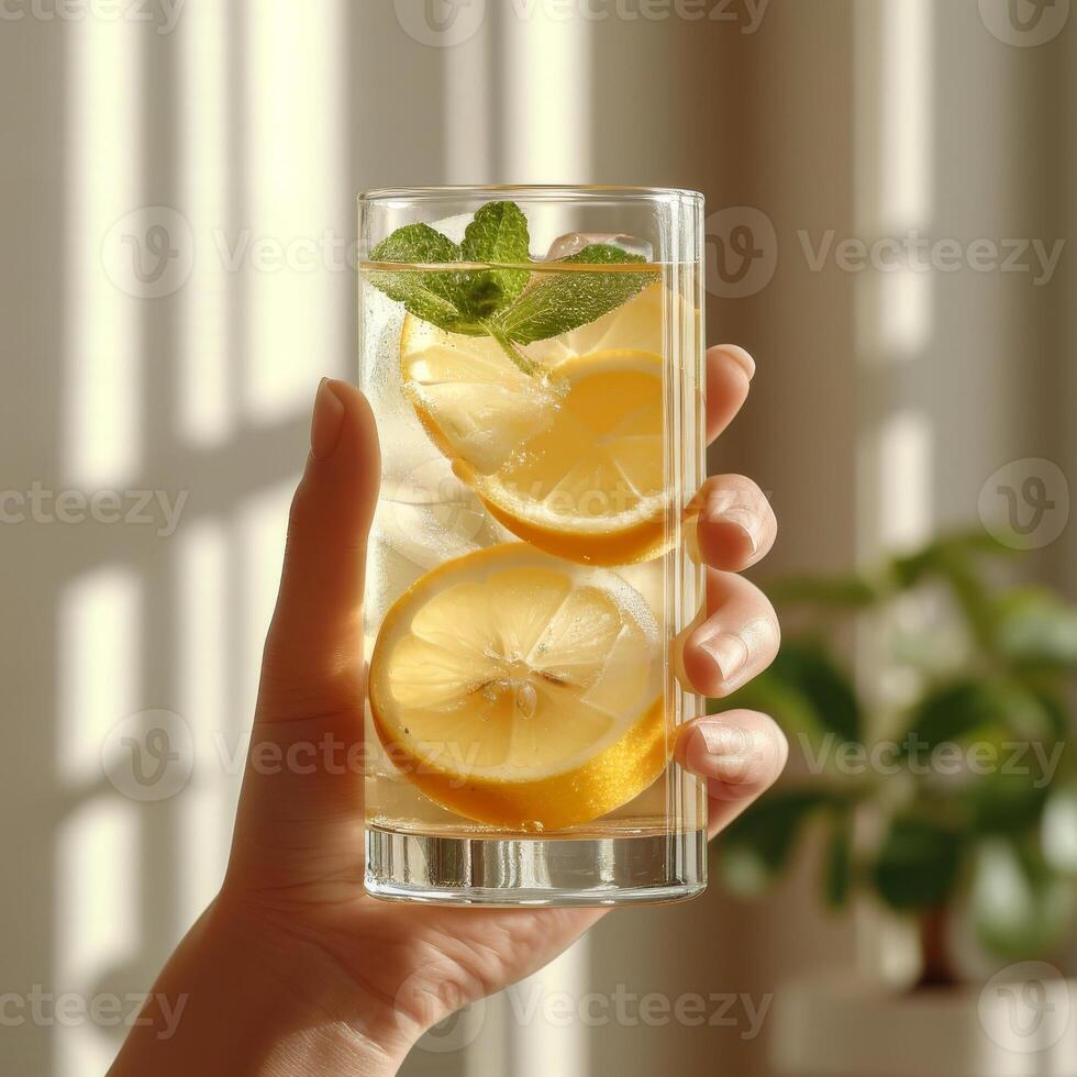 ai gegenereerd hand- houdt glas van water met citroen en munt foto