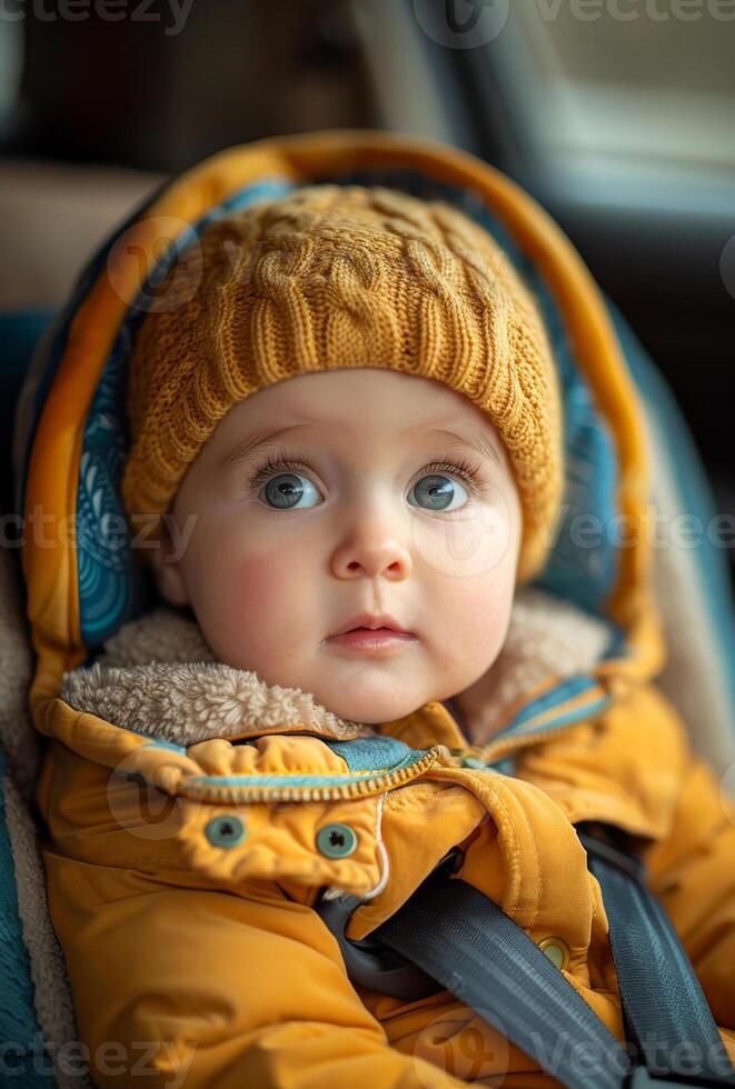 ai gegenereerd schattig baby jongen is zittend in auto stoel en vervelend geel winter hoed en warm jas. foto