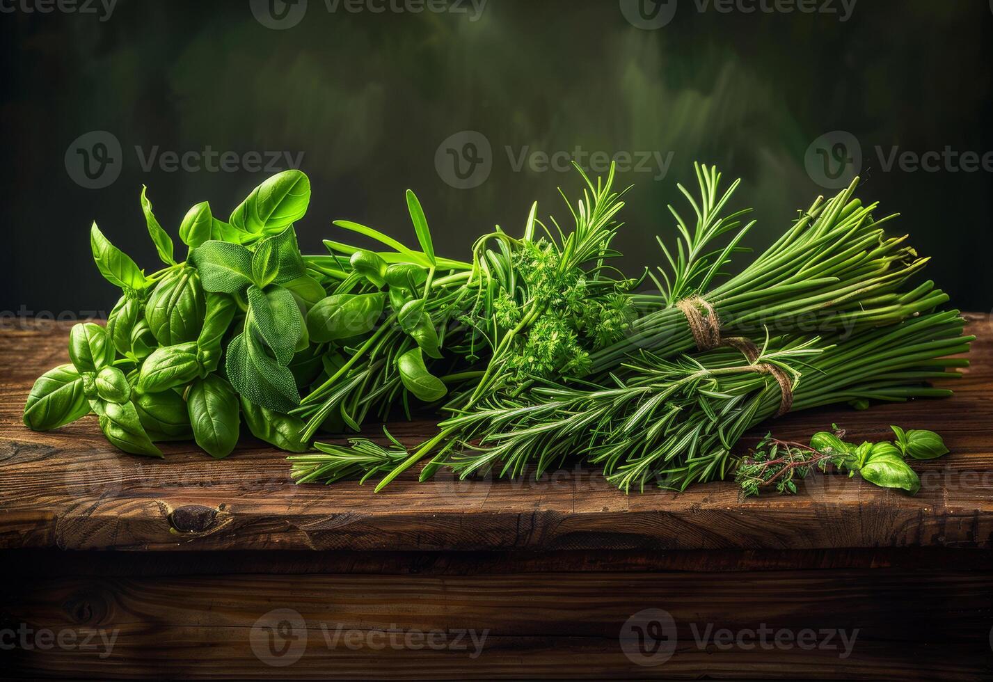 ai gegenereerd vers kruiden van de tuin Aan houten tafel foto