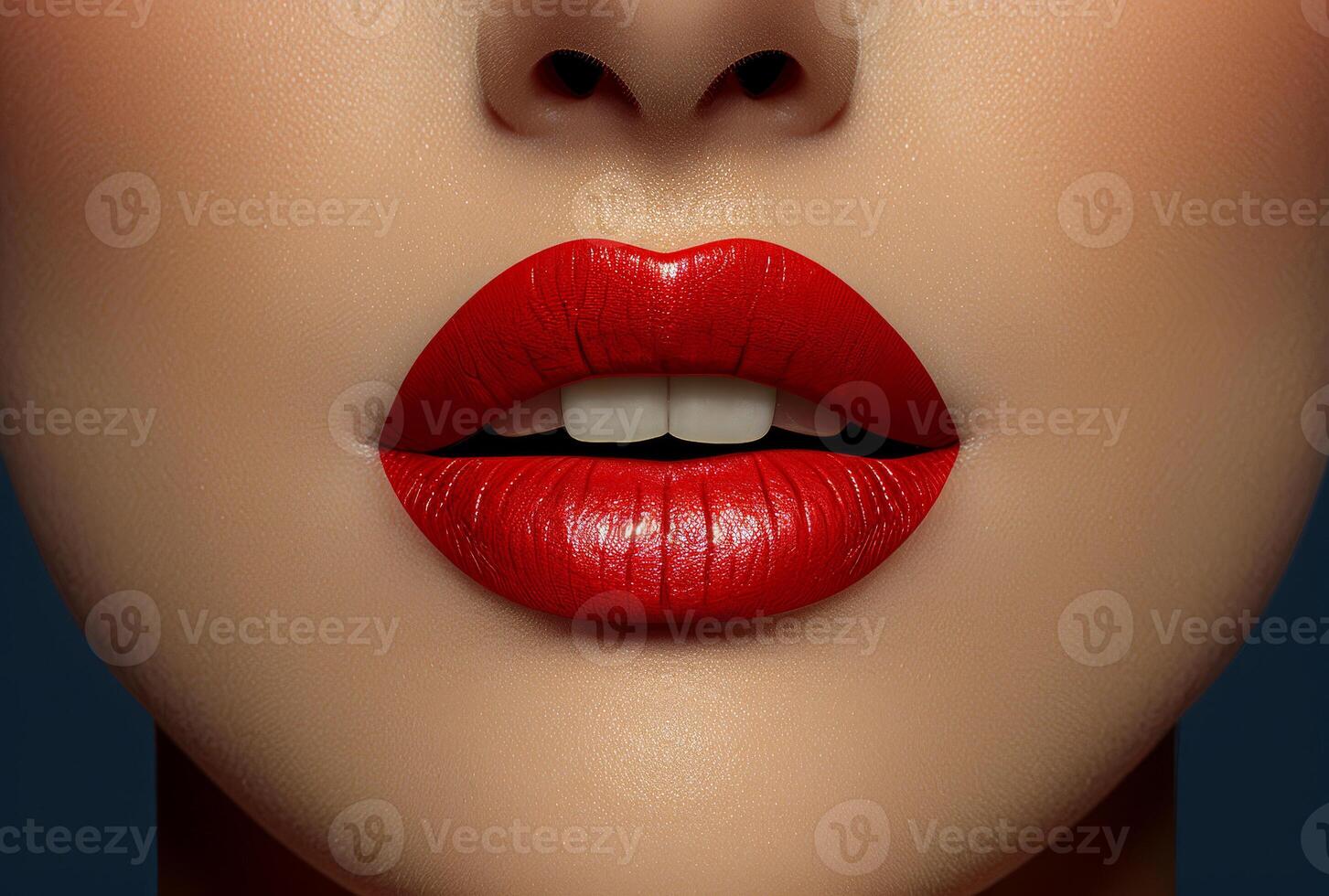 ai gegenereerd mooi vrouw met rood lippen Aan donker achtergrond foto