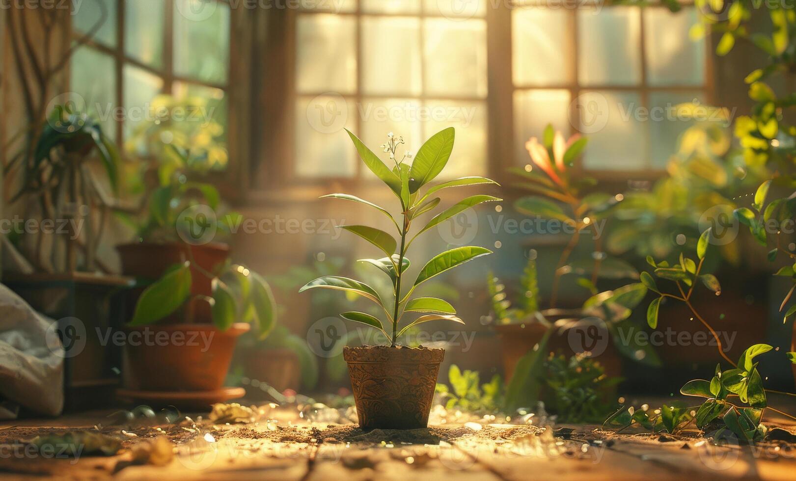 ai gegenereerd jong fabriek groeit in pot in zonnig kamer foto