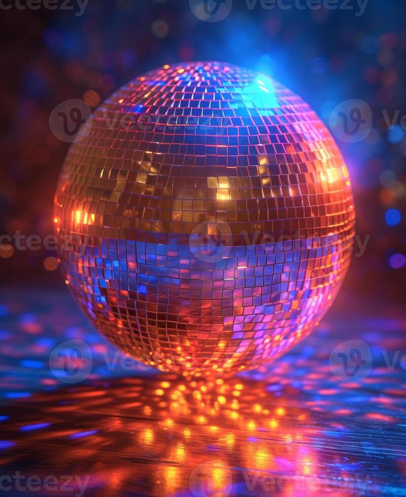 ai gegenereerd spiegelbol disco bal met kleurrijk reflecties Aan verdieping foto