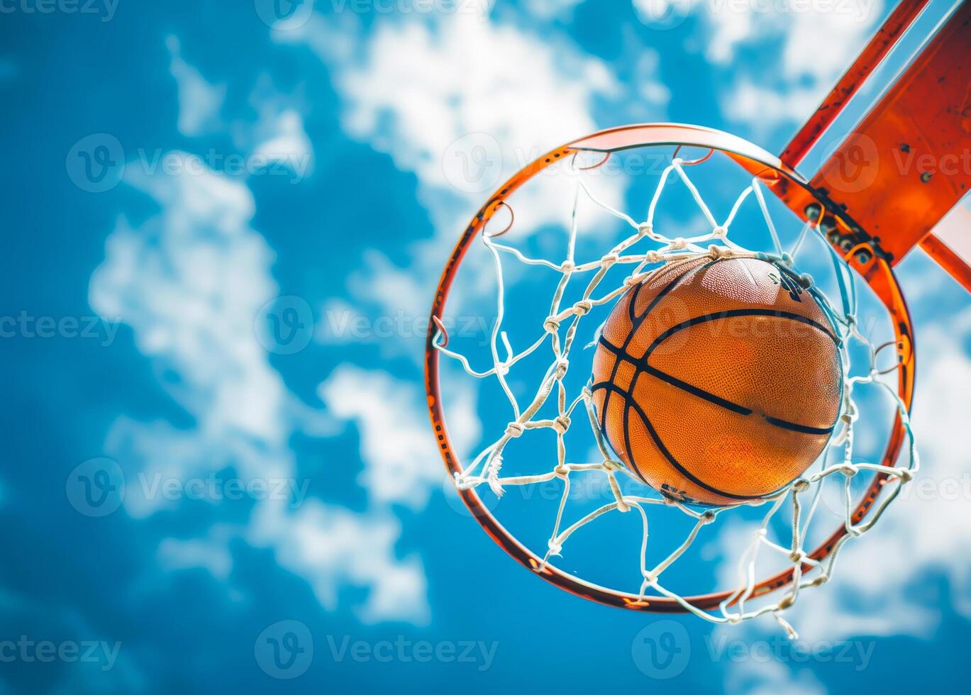 ai gegenereerd basketbal gaan door de hoepel Bij sport- arena foto