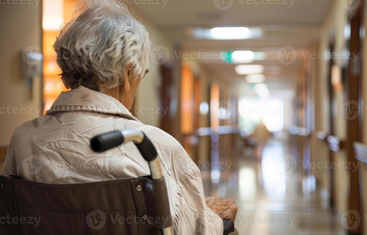 ai gegenereerd ouderen vrouw zittend in rolstoel in verpleging huis foto