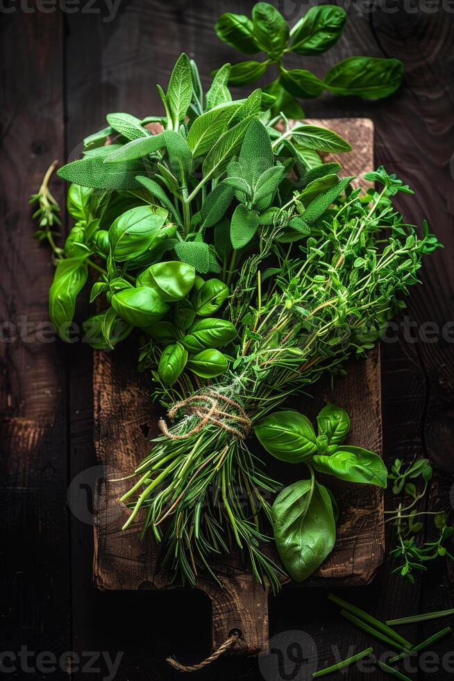 ai gegenereerd vers kruiden Aan oud houten bord foto