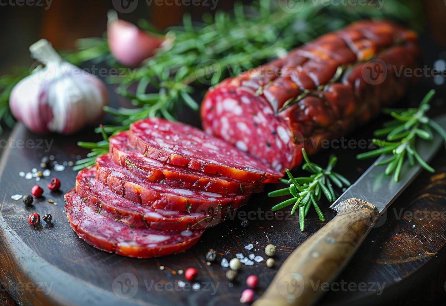 ai gegenereerd gesneden salami en mes Aan houten snijdend bord foto