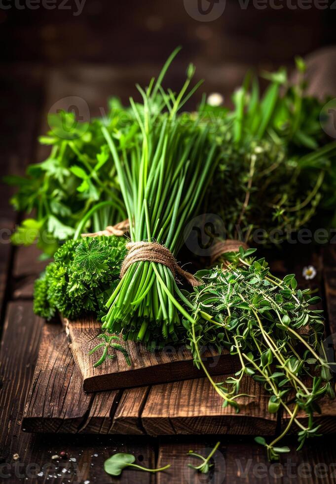 ai gegenereerd vers kruiden en trossen van vers groen kruiden Aan houten tafel foto