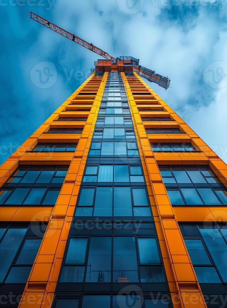 ai gegenereerd oranje hoog stijgen gebouw onder bouw met kraan foto