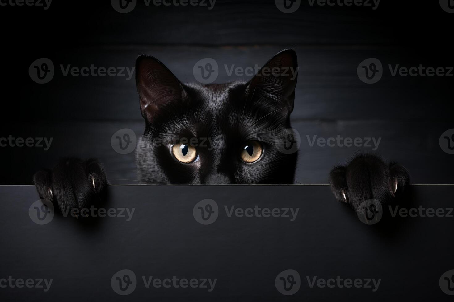 ai gegenereerd spookachtig halloween zwart kat Holding een blanco teken mockup met ruimte voor tekst Aan donker achtergrond foto