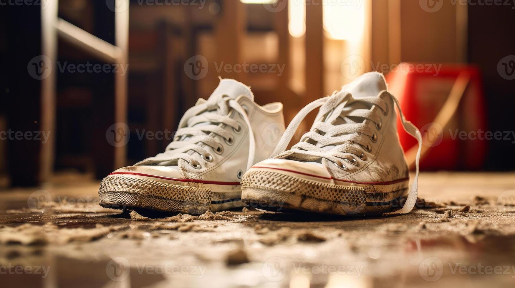 ai gegenereerd vuil sportschoenen. vuil sportschoenen Aan de verdieping in de kamer foto