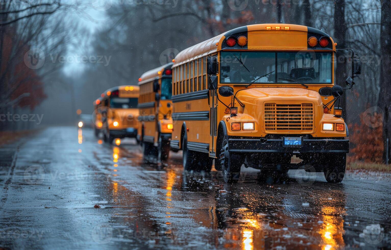 ai gegenereerd school- bussen geparkeerd Aan de weg in de regen foto