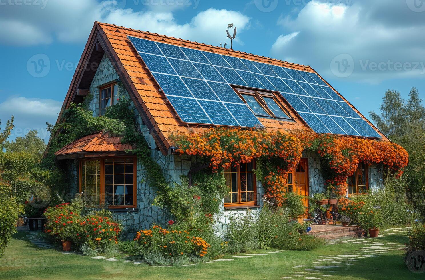 ai gegenereerd zonne- panelen Aan de dak van mooi huis met bloemen en planten. fotovoltaïsche systeem Aan de dak foto