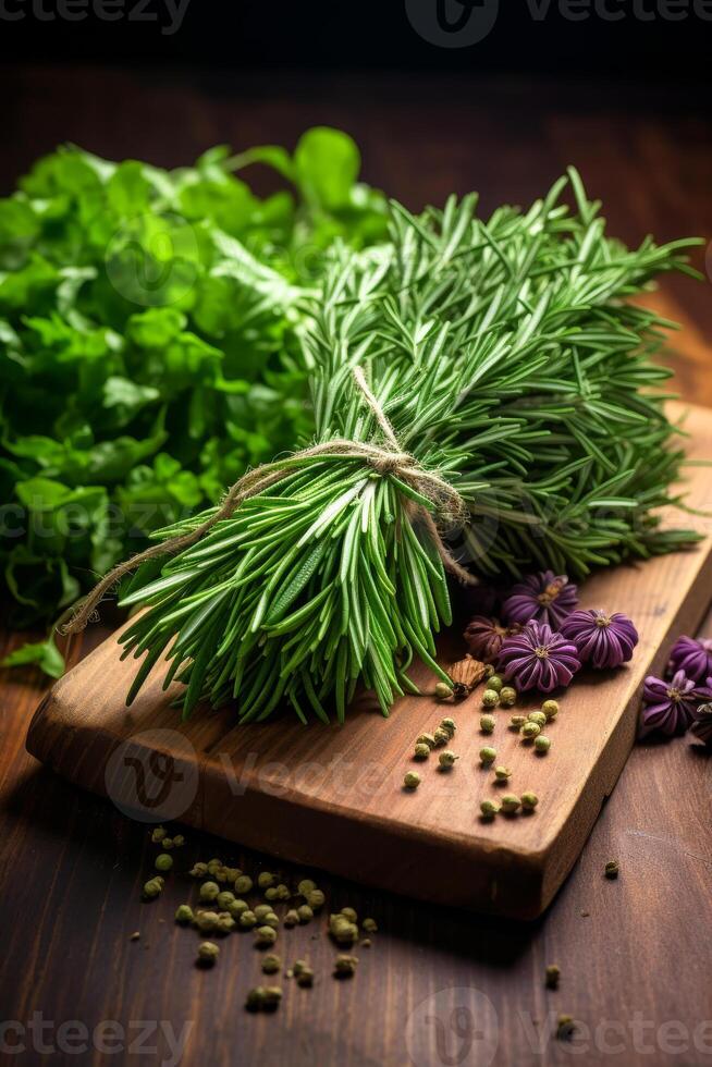 ai gegenereerd vers kruiden en specerijen Aan houten tafel foto