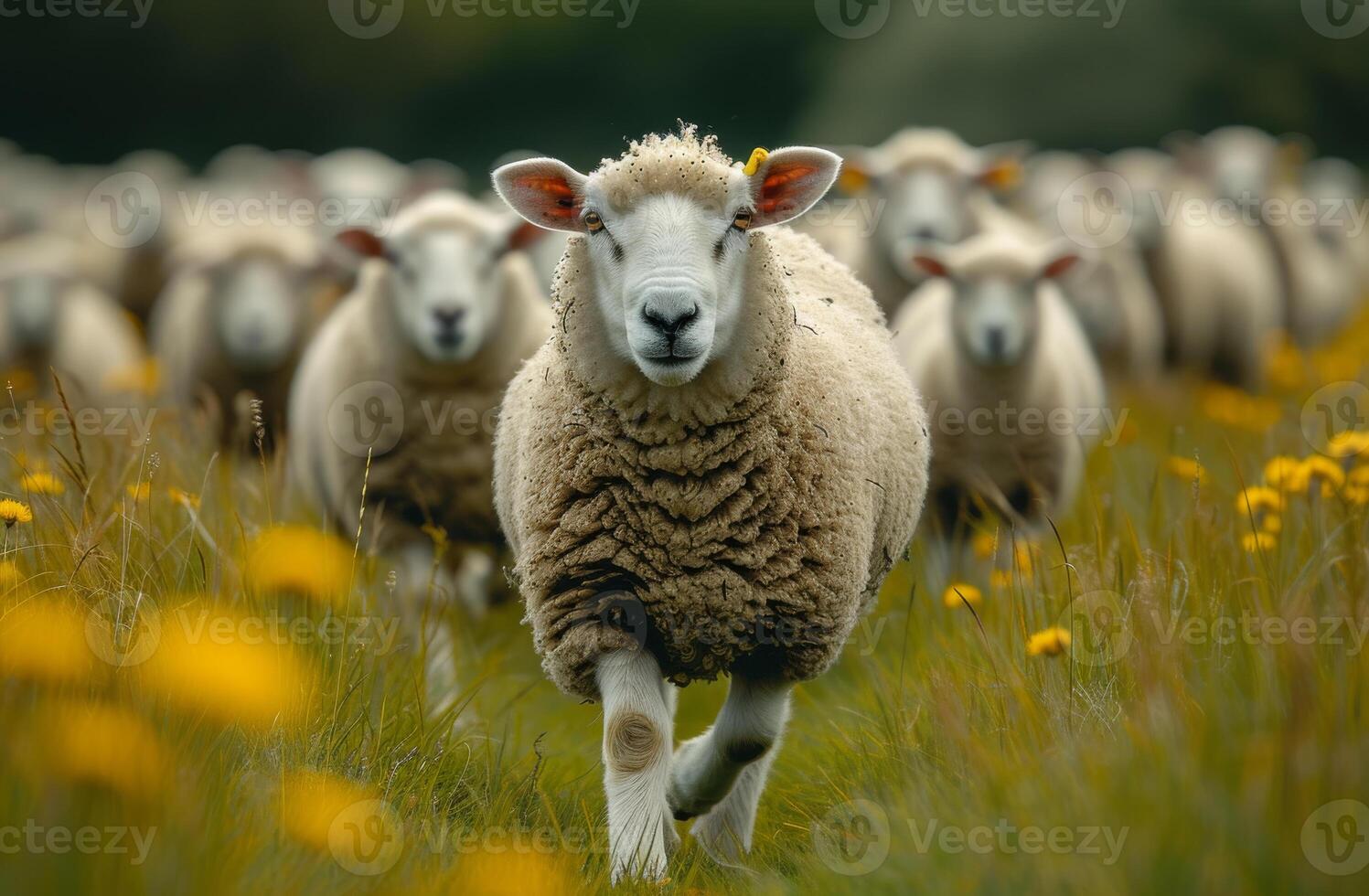 ai gegenereerd schapen rennen in veld- met andere schapen in de achtergrond. veel schapen wandelen in een met gras begroeid veld- foto