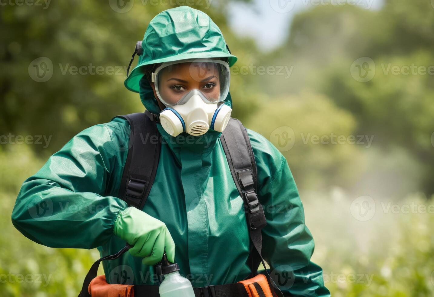 ai gegenereerd een tuinman in beschermend uitrusting voorzichtig sprays planten in een tuin, zorgen voor hun Gezondheid en bescherming van ongedierte. foto