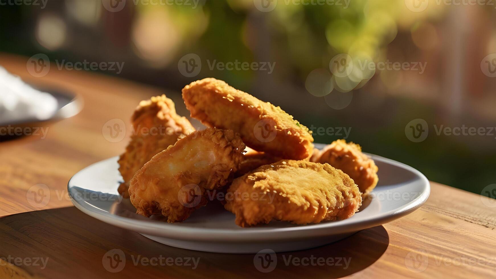 ai gegenereerd krokant gebakken gepaneerd kip stroken en klompjes, borst filet aanbestedingen Aan een bord. houten achtergrond. foto