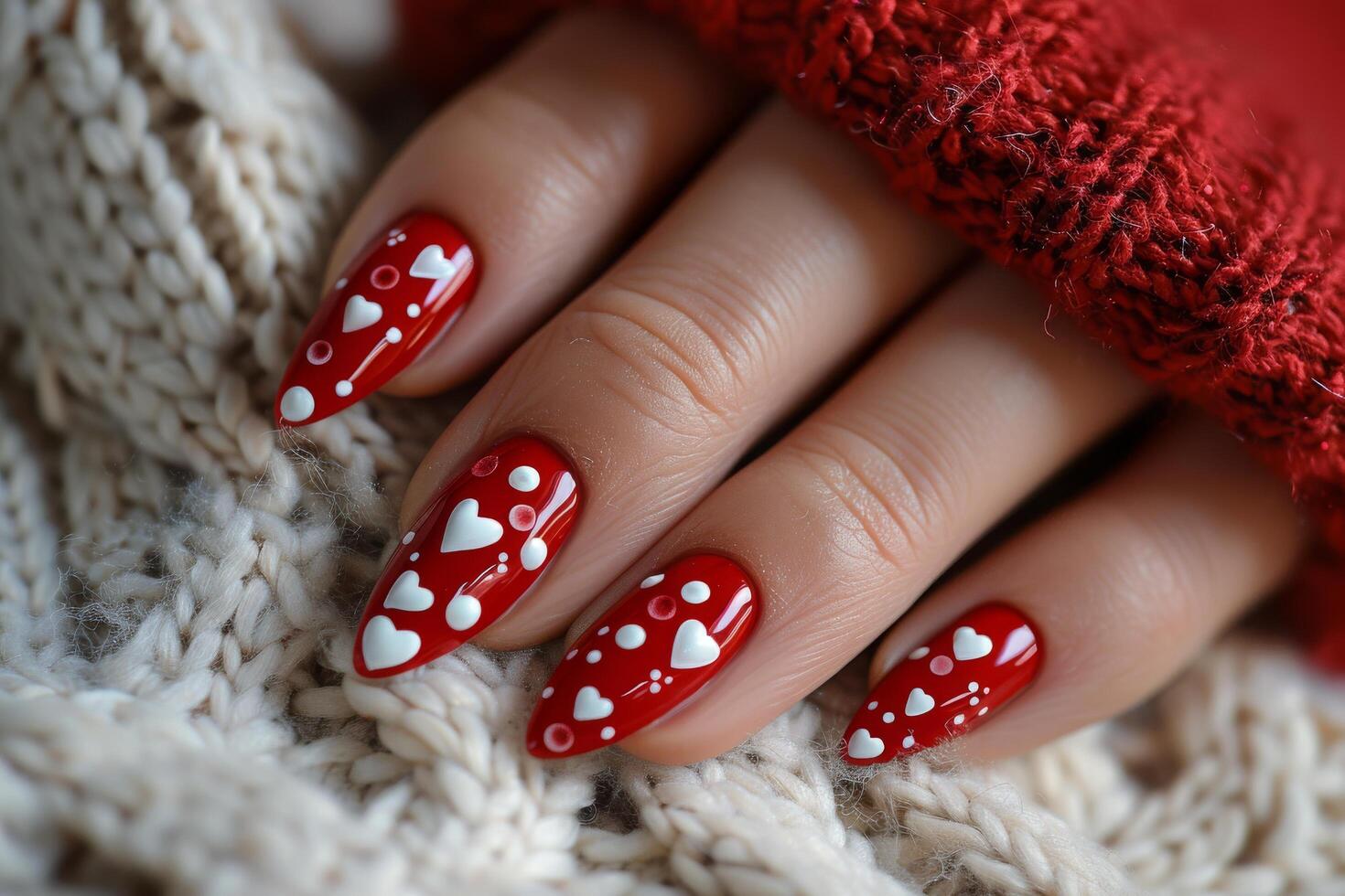 ai gegenereerd dames hand- met rood en wit hart manicure foto