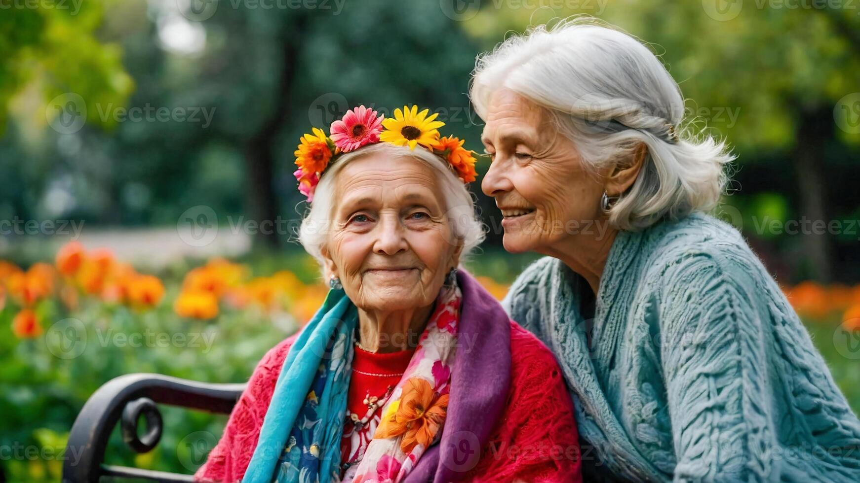 ai gegenereerd ouderen Dames met een bloem kroon foto