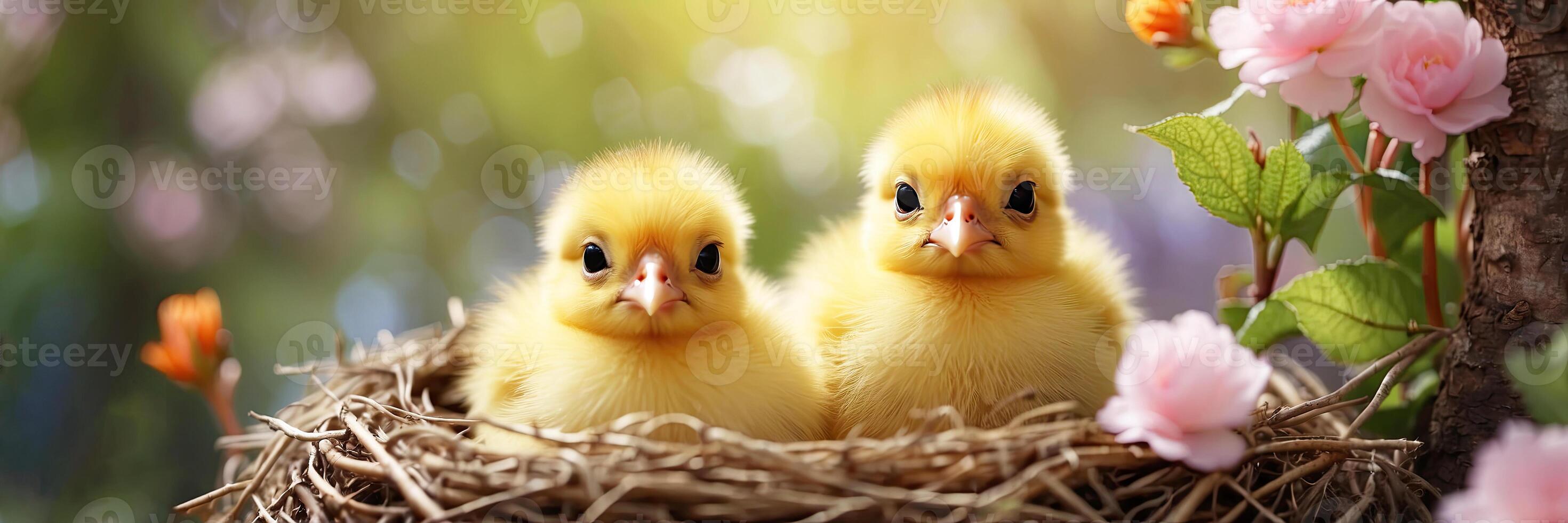 ai gegenereerd schattig pluizig geel kuikens in een voorjaar bloeiend nest van twijgen en bloemen in natuur. voorjaar kaart, voorjaar tijd, kinderen, jeugd. ai gegenereerd foto