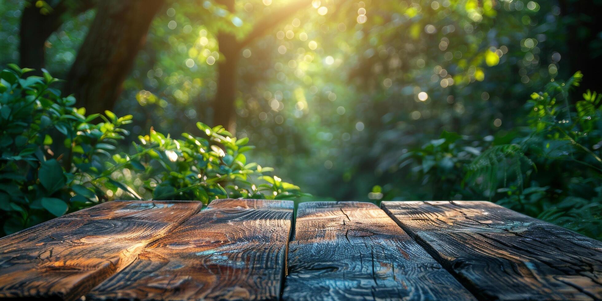 ai gegenereerd leeg houten tafel in voorkant van tuin foto