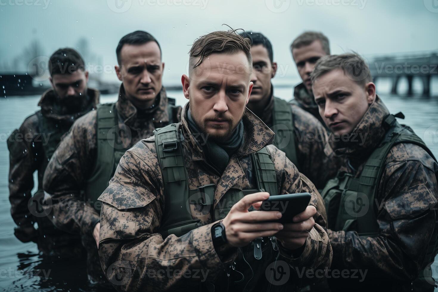 ai gegenereerd groep van soldaten in uniform staand in Ondiep water terwijl gefocust Aan hun smartphones. foto