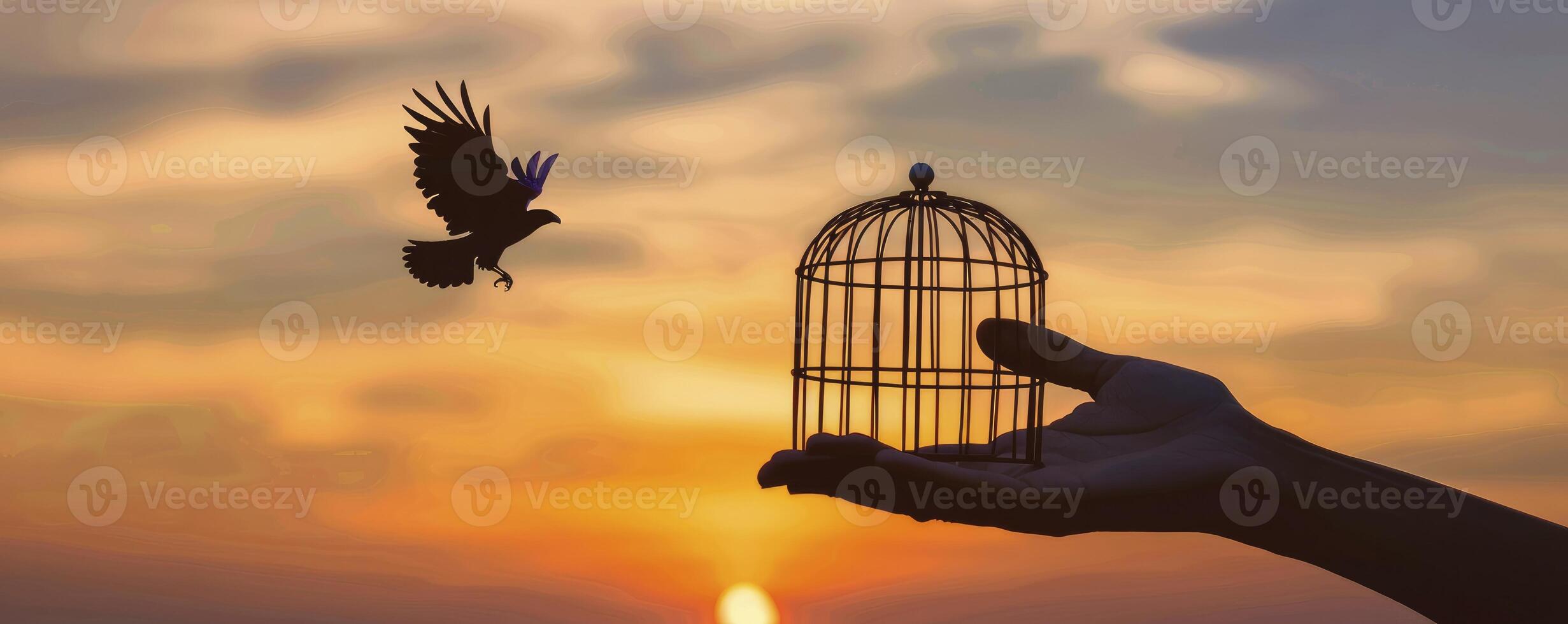 ai gegenereerd een hand- Holding een kooi tegen de instelling zon, terwijl een klein, mooi vogel stijgt naar vrijheid foto