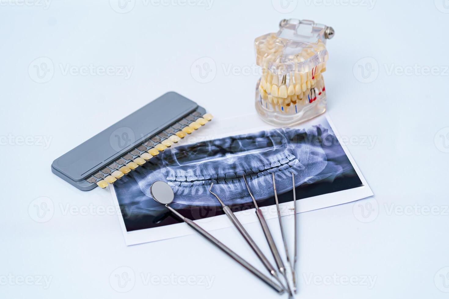 tandheelkundig pan röntgenfoto, kunstgebit en tandheelkundig instrumenten. kunstmatig kaak Aan wit achtergrond. foto