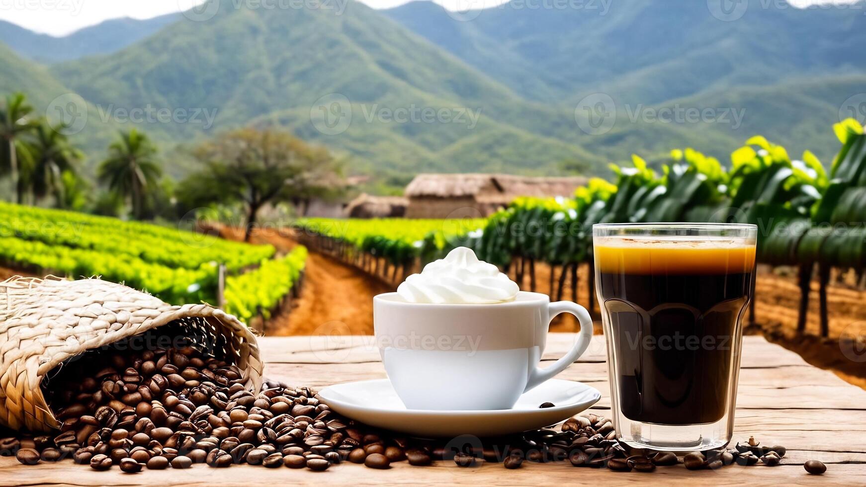 ai gegenereerd kop koffie bonen, heet koffie, espresso koffie kop met bonen, koffie Boon achtergrond foto