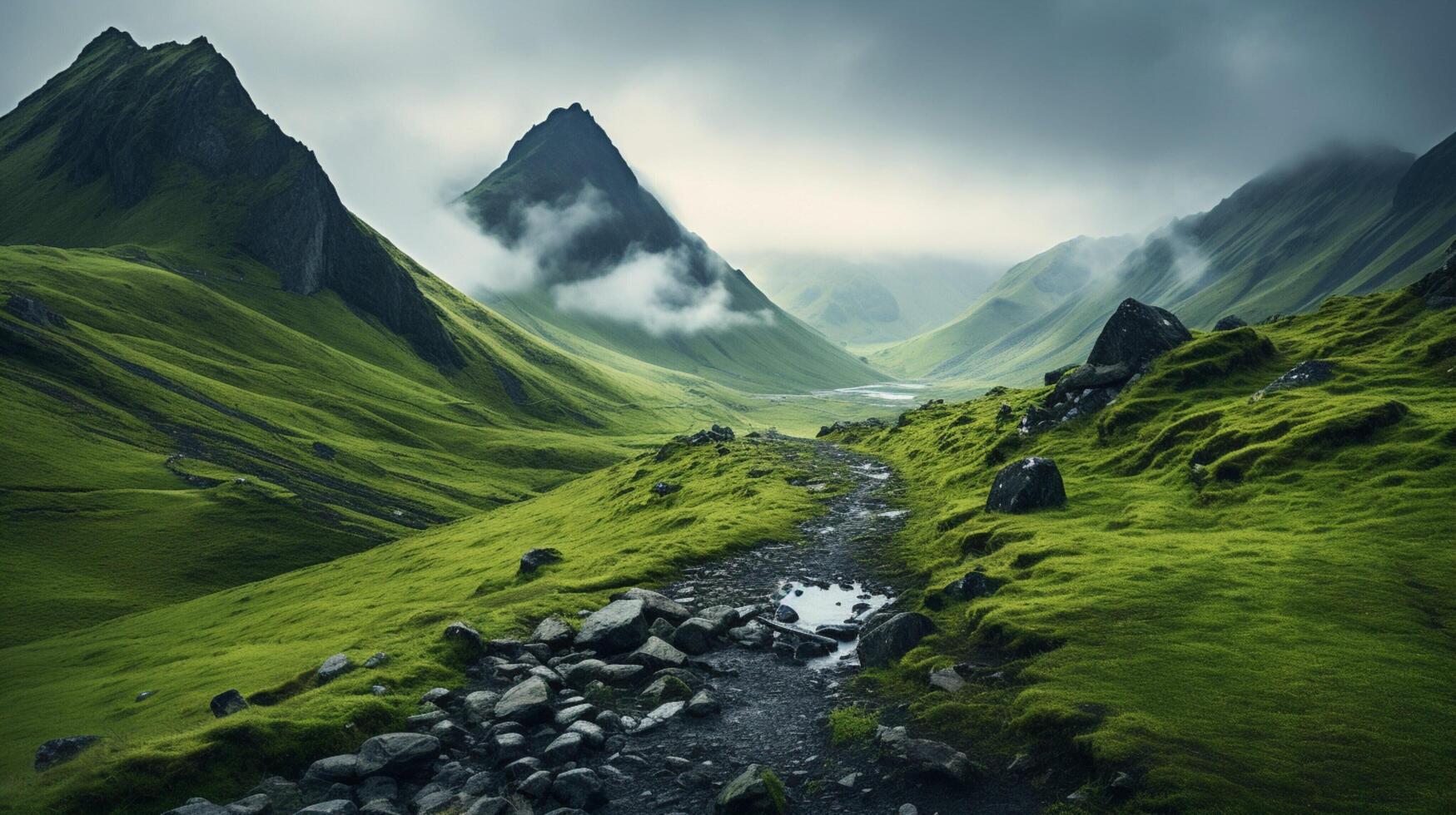 ai gegenereerd regenachtig heuvels trektochten achtergrond foto