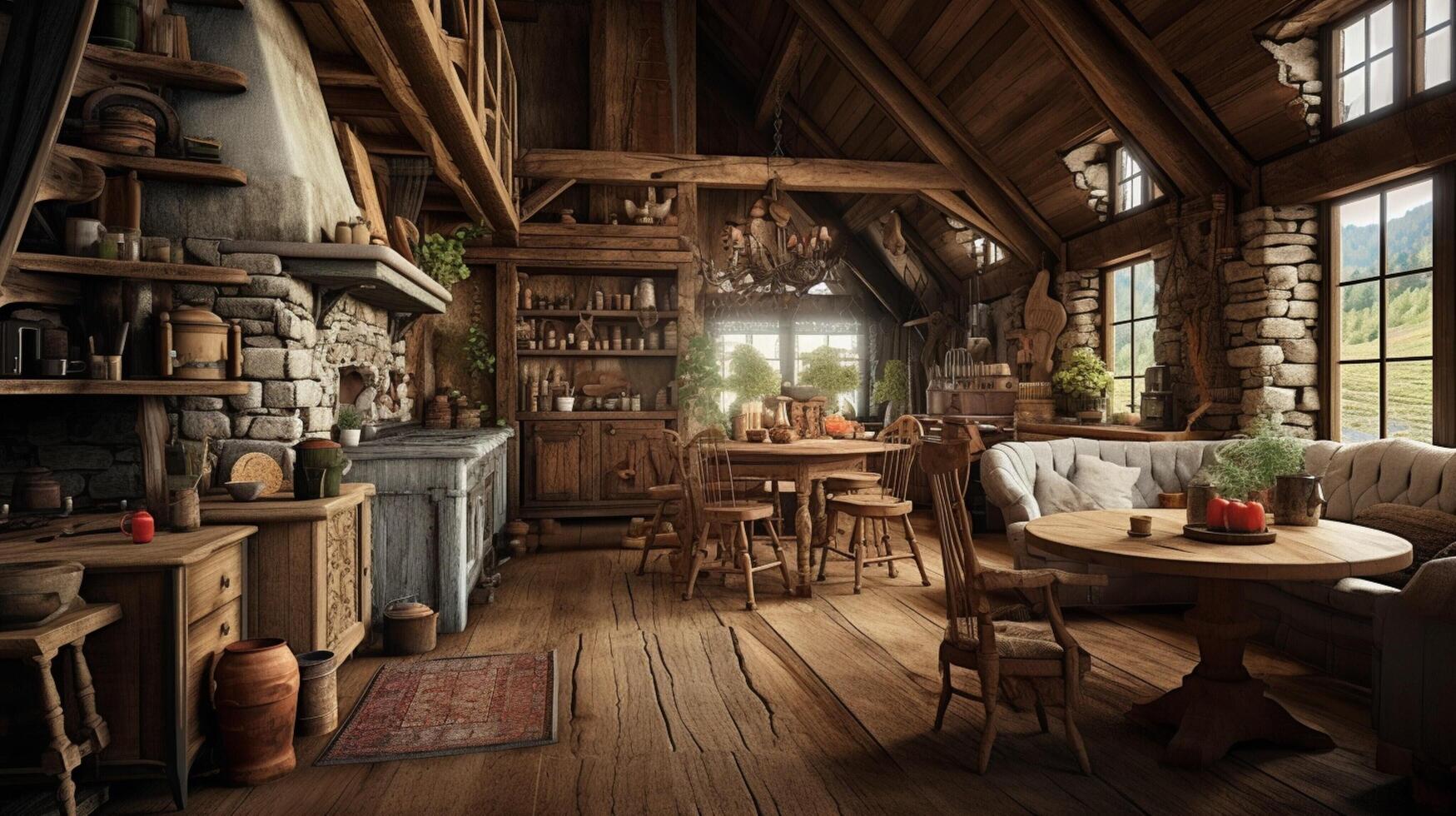 ai gegenereerd rustiek boerderij interieur ontwerp foto