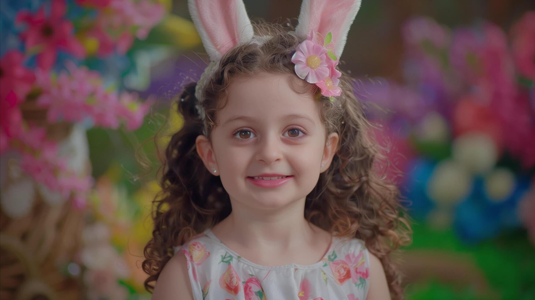 ai gegenereerd vrolijk jong meisje vervelend konijn oren met bloemen backdrop foto