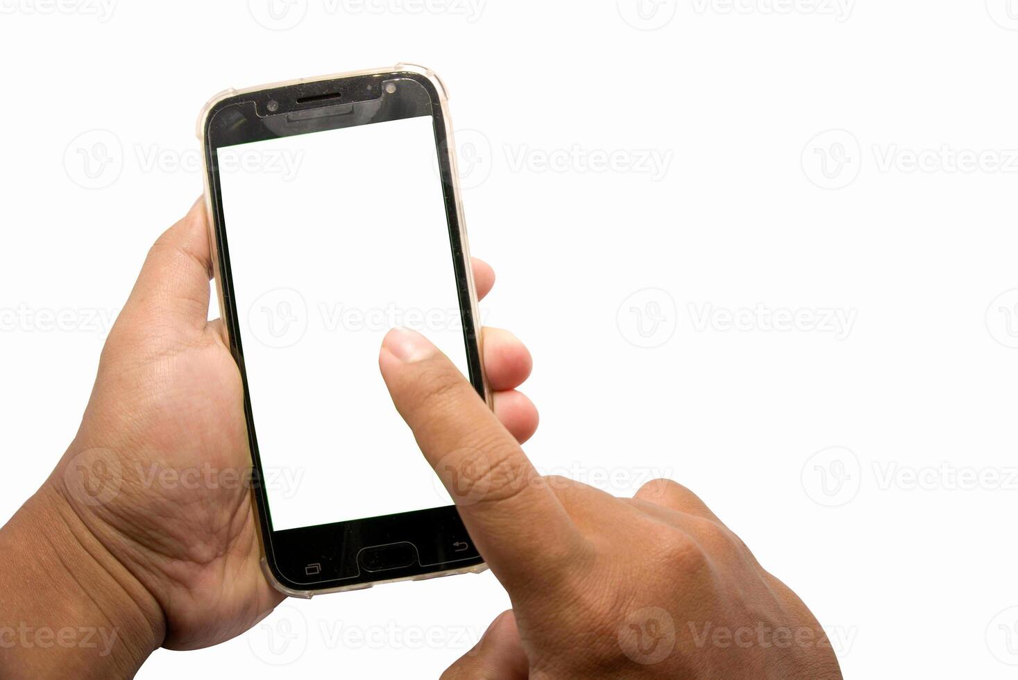 hand- Holding en aanraken slim telefoon met wit scherm bespotten omhoog png. wit smartphone Scherm mockup in hand- geïsoleerd Aan wit foto