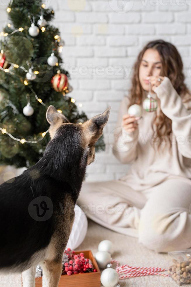 jonge aantrekkelijke vrouw die de kerstboom versiert en met honden speelt foto